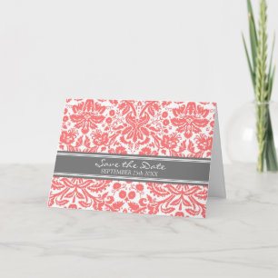 Coral Grey Damask Save the Date Announcement