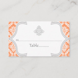 Coral, grey damask wedding place card