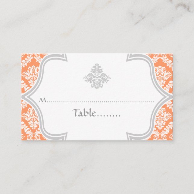 Coral, grey damask wedding place card (Front)