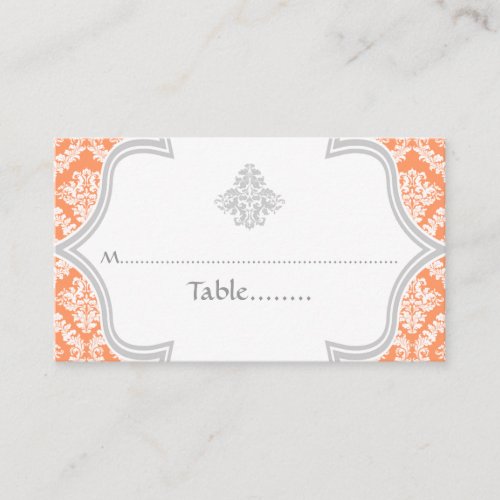 Coral, grey damask wedding place card business cards