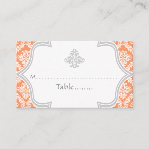 Customizable Coral, grey damask wedding place card business cards