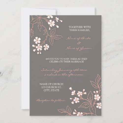 Coral Grey Floral Photo Wedding Invitation Cards