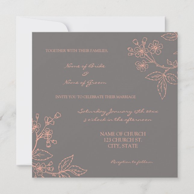 Coral Grey Floral Wedding Invitation Cards (Front)