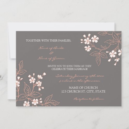Coral Grey Floral Wedding Invitation Cards