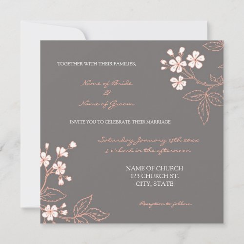 Coral Grey Floral Wedding Invitation Cards