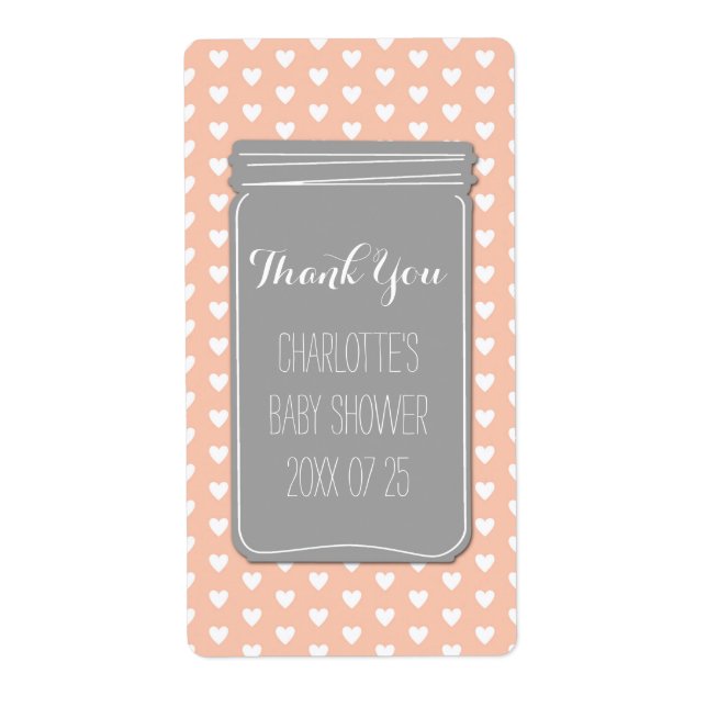 Coral Grey Hearts Mason Jar Baby Shower Favor Label (Front)