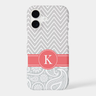 Coral Grey Monogram Chevron Paisley Pattern iPhone 17 Case