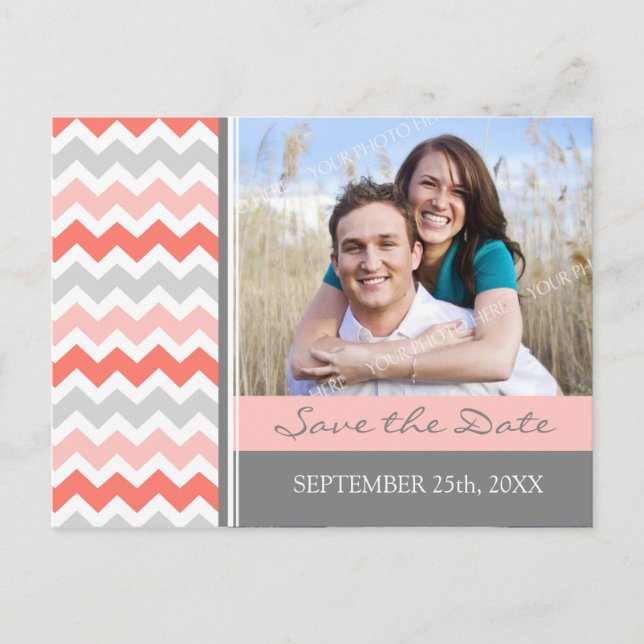 Coral Grey Photo Save the Date Wedding Postcards (Front)