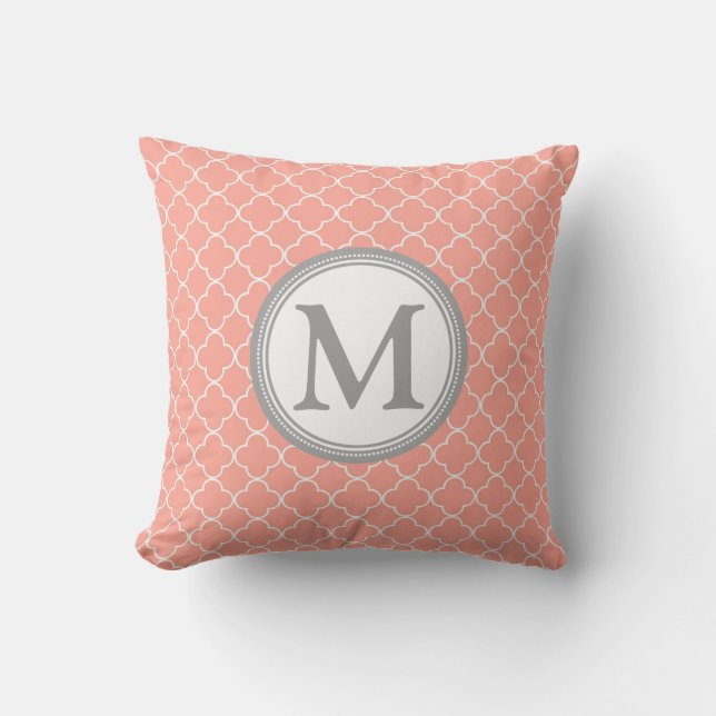 Coral Grey Quatrefoil Monogram Decorative Pillow (Front)