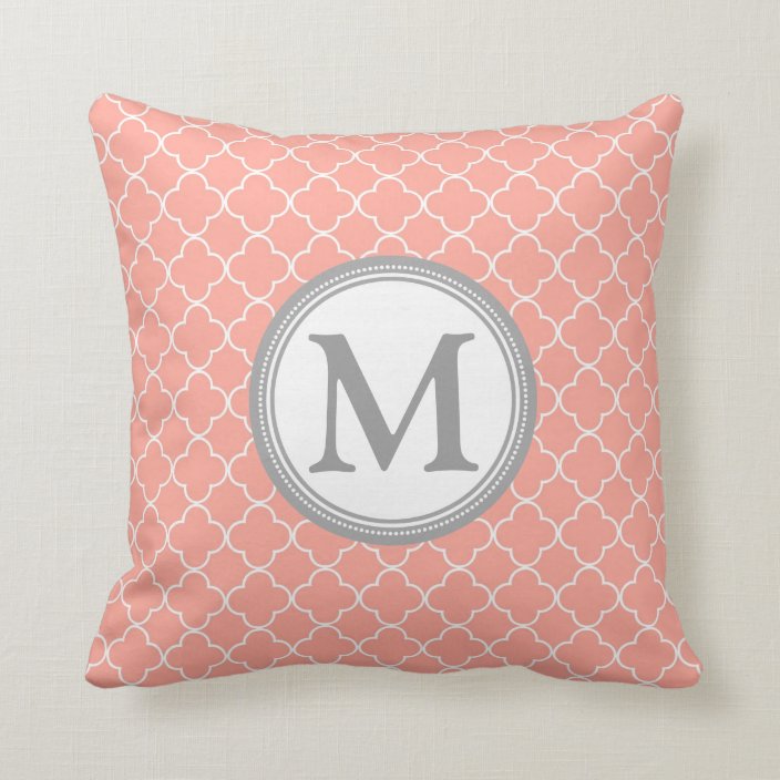 Coral Grey Quatrefoil Monogram Decorative Pillow