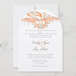 Coral & Grey Vintage Flourish Bird Wedding Invite