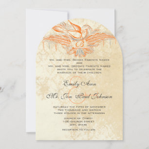 Coral & Grey Vintage Flourish Bird Wedding Invite