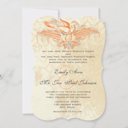 Coral  Grey Vintage Flourish Bird Wedding Invite