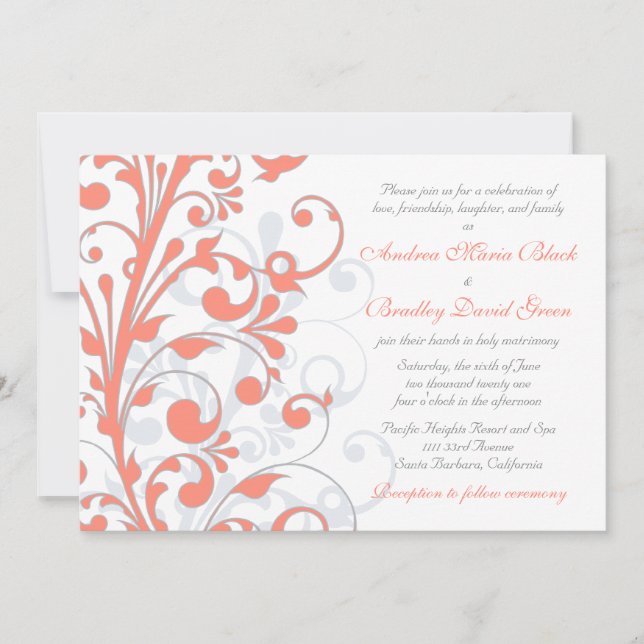 Coral, Grey White Floral Wedding Invitation (Front)
