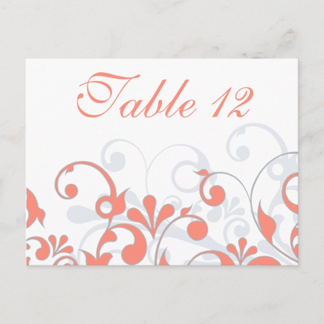 Coral, Grey, & White Wedding Table Cards (Front)