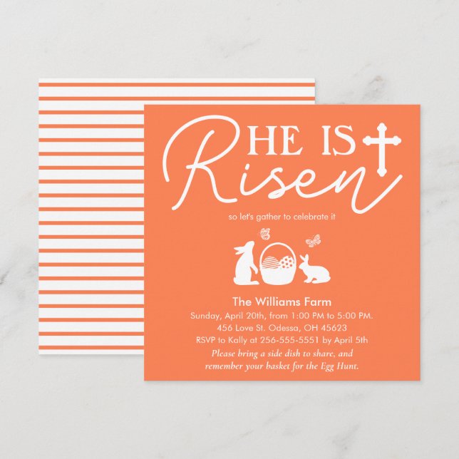 Coral “He Is Risen” Easter Celebration Party Invitation (Front/Back)