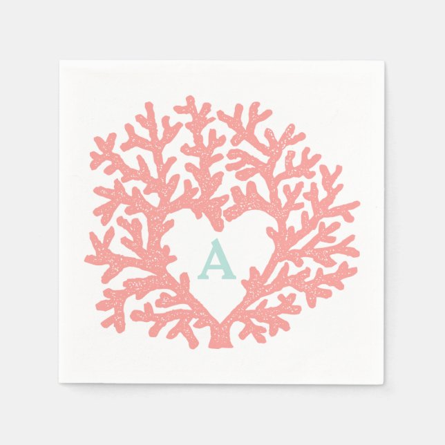 Coral Heart Aqua Beach Wedding Custom Napkins (Front)