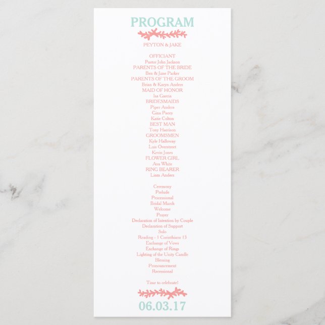 Coral Heart Aqua Beach Wedding Program (Front)
