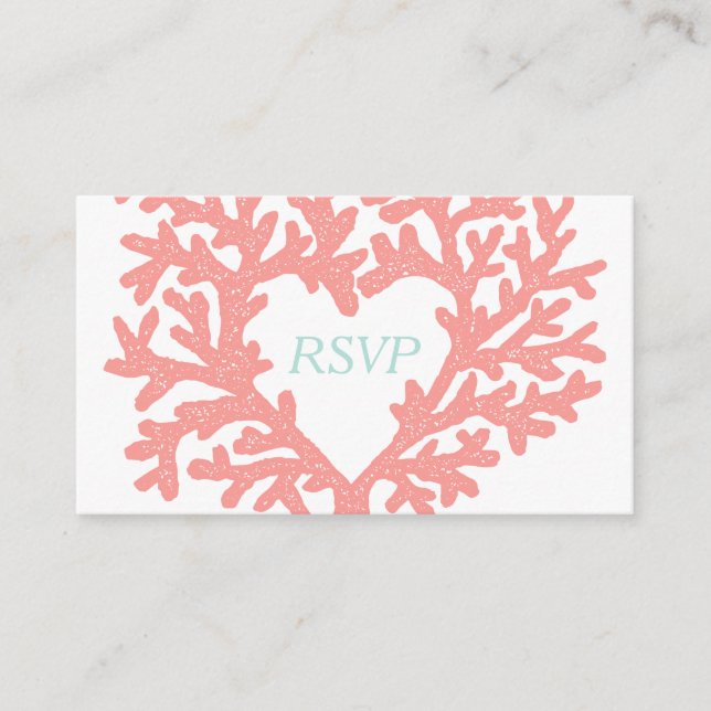Coral Heart Aqua Beach Wedding RSVP Response Enclosure Card (Front)