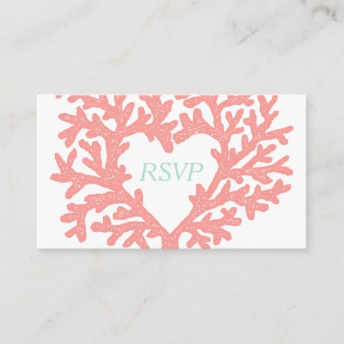 Coral Heart Aqua Beach Wedding RSVP Response Enclosure Card