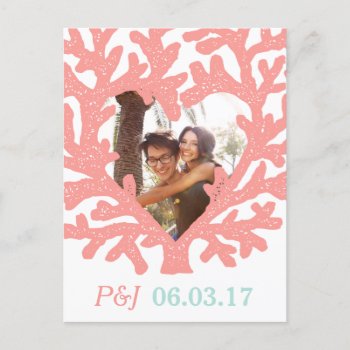 Coral Heart Aqua Beach Wedding Save The Dates Announcement Postcard by INAVstudio at Zazzle