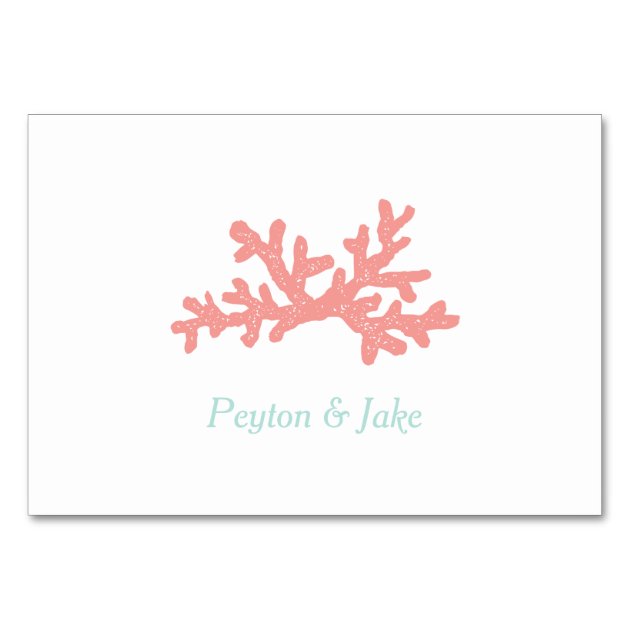 Coral Heart Aqua Beach Wedding Table Numbers Card