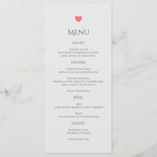Coral Heart Wedding Menu (Front)
