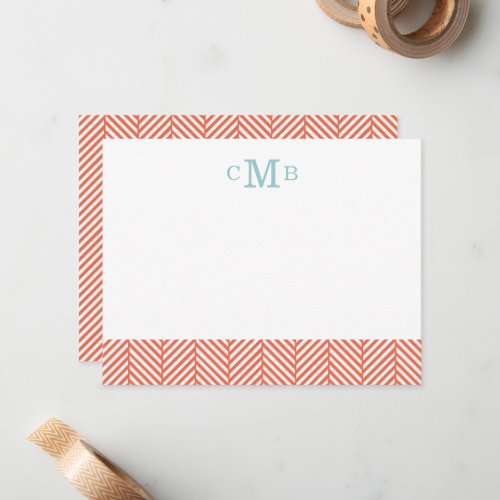 Coral Herringbone Custom Monogram Stationery Note Card