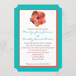 Coral Hibiscus and Aqua II Wedding Invitation