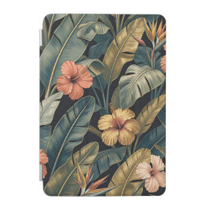 Coral Hibiscus Banana Leaf Tropical Pattern Dark iPad Mini Cover