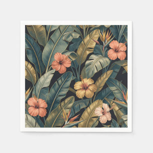 Coral Hibiscus Banana Leaf Tropical Pattern Dark Napkins