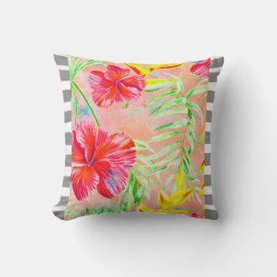 Coral Hibiscus Flower Throw Pillow