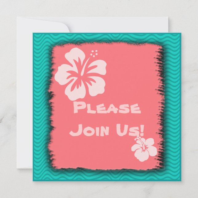 Coral, Hibiscus Tropical Themed Custom Invitations (Front)