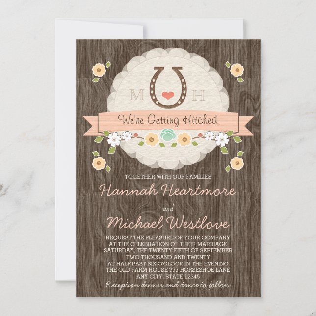 Coral Horseshoe Heart Western Wedding Invitation (Front)