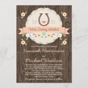 Coral Horseshoe Heart Western Wedding Invitation