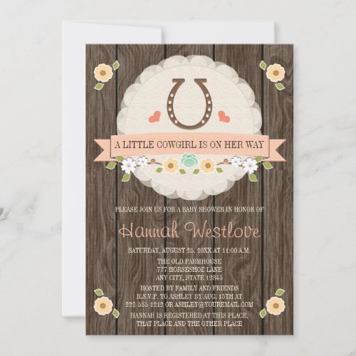 CORAL HORSESHOE WESTERN COWGIRL BABY SHOWER INVITATION