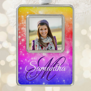 Coral Hot Pink and Purple Celestial Ombre Monogram Christmas Ornament