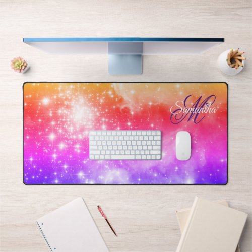 Coral Hot Pink and Purple Celestial Ombre Monogram Desk Mat