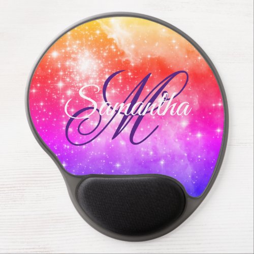 Coral Hot Pink and Purple Celestial Ombre Monogram Gel Mouse Pad
