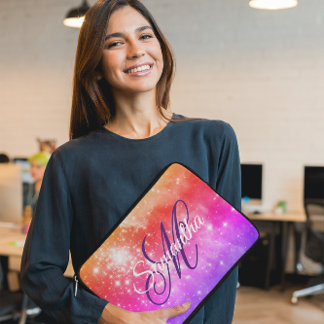 Coral Hot Pink and Purple Celestial Ombre Monogram Laptop Sleeve