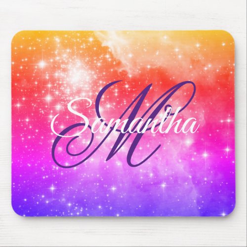Coral Hot Pink and Purple Celestial Ombre Monogram Mouse Pad