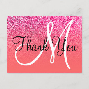 Coral Hot Pink Ombre Glitter Monogram Thank You Postcard