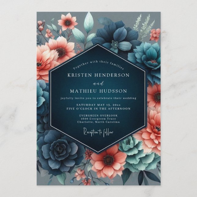 Coral Incandescent Botanical Wedding Invitation (Front)