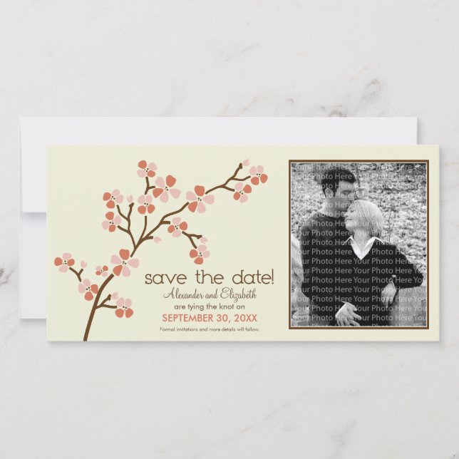 Coral/Ivory Cherry Blossom Save the Date Photocard (Front)