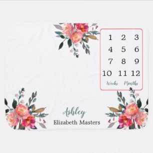Coral Jade Watercolor Floral Week  Month Milestone Baby Blanket