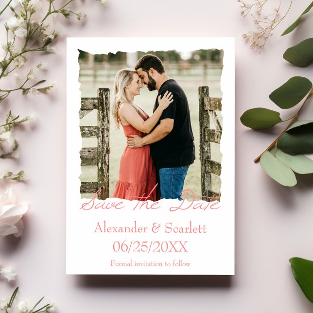 Coral Jagged Frame Photo Save The Date Announcement (Coral Jagged Frame Photo Save the Date)