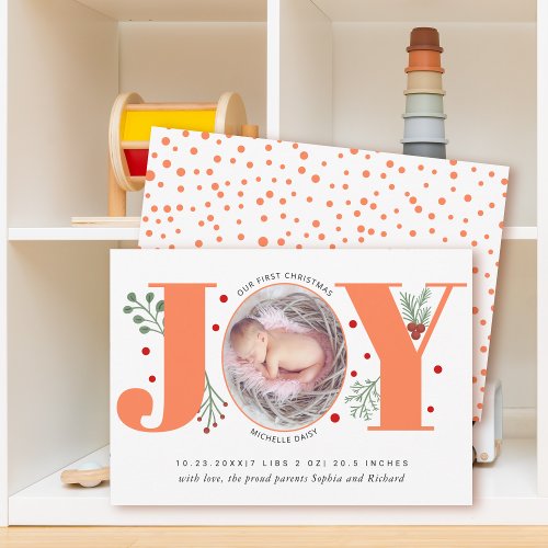 Coral Joy First Christmas holiday photo baby birth Announcement