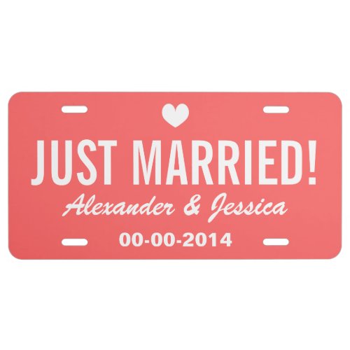 Coral Just married license plate for wedding car