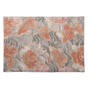 Coral Koi Chinoiserie Floral Pattern Cloth Placemat