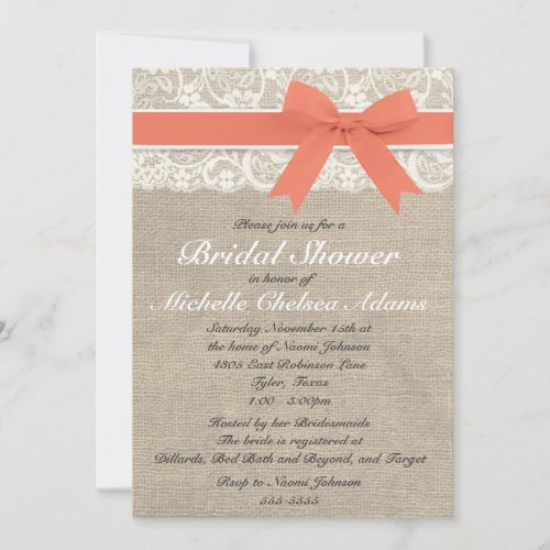 Coral Lace Burlap Bridal Shower Invitation